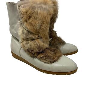 Bastien Canada Rabbit Fur Leather Winter Boots Cream Womens 8 Snow Boots Made CA